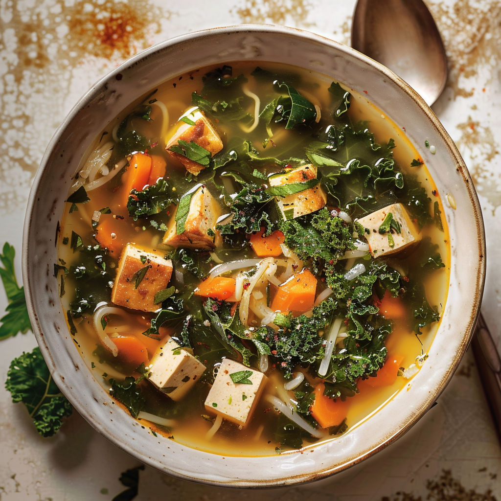 Un bol rempli de soupe de nouilles, carottes et herbes, prêt à déguster.