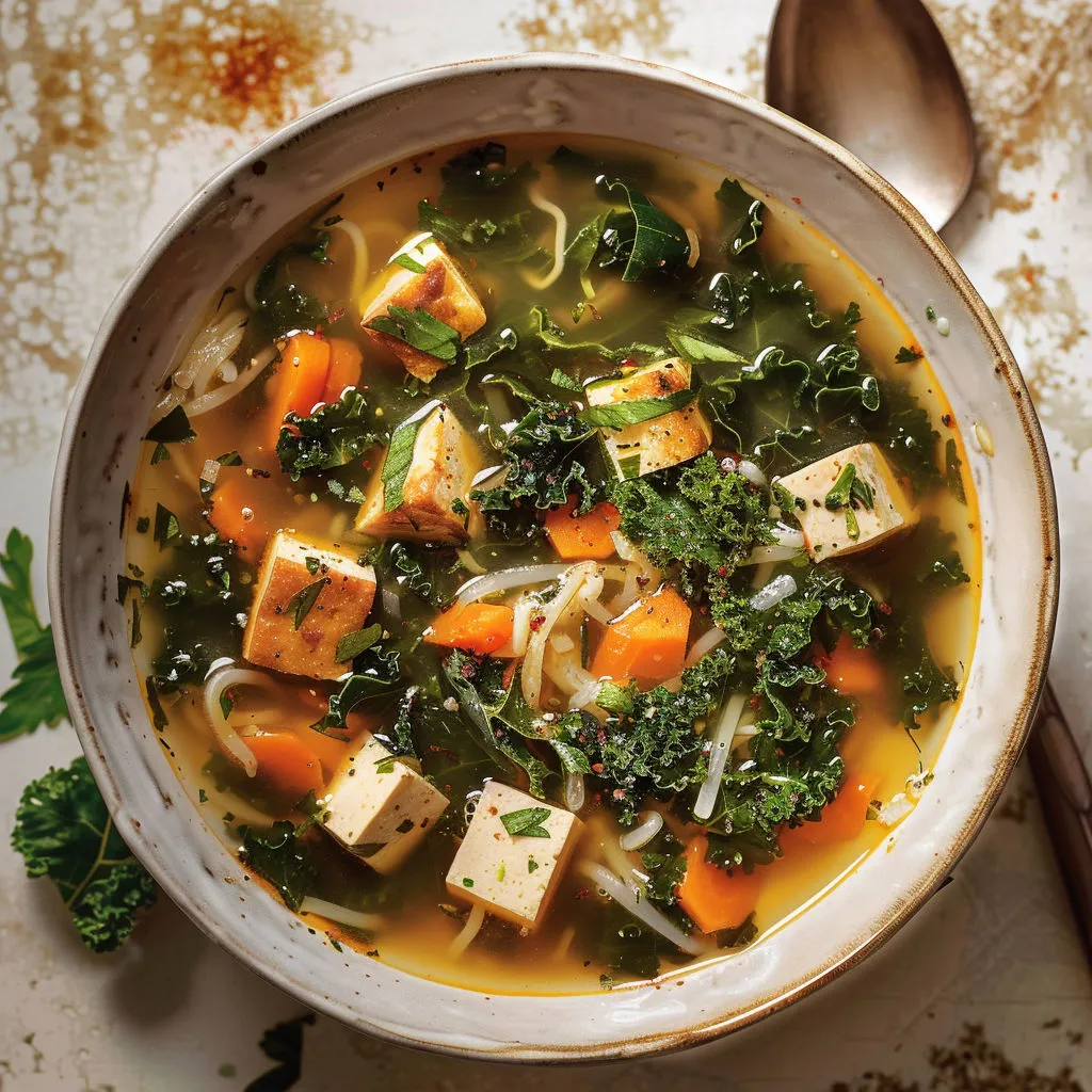 Un bol rempli de soupe de nouilles, carottes et herbes, prêt à déguster.