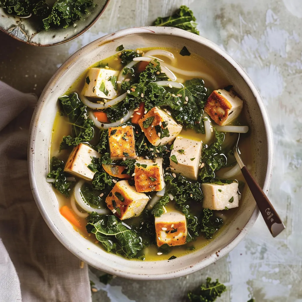 Une soupe de tofu, épinards, nouilles et légumes verts dans un bol.