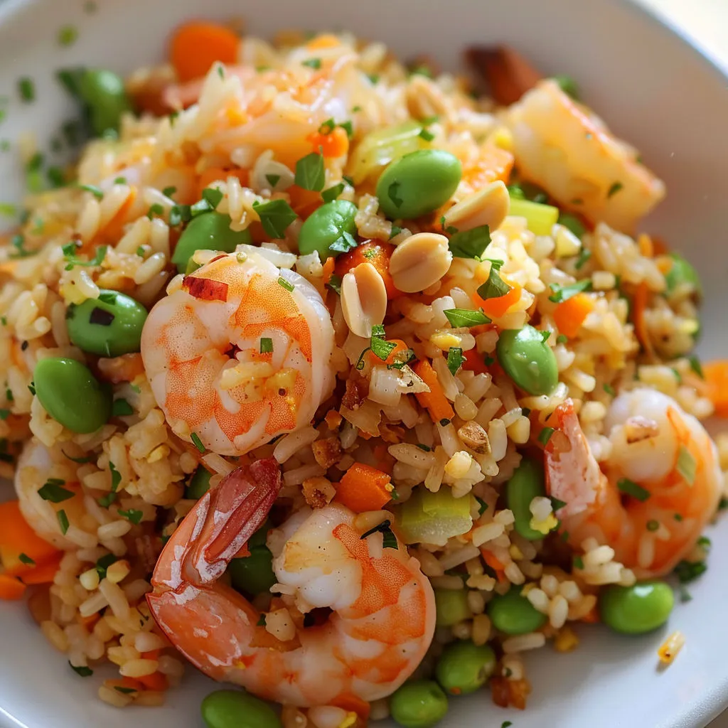 Edamame, crevettes et riz sauté dans un bol, un plat coloré aux saveurs d'Asie.