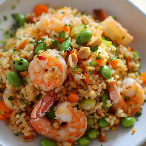 Sauté de riz avec crevettes et fèves edamame, joliment présenté dans un bol.