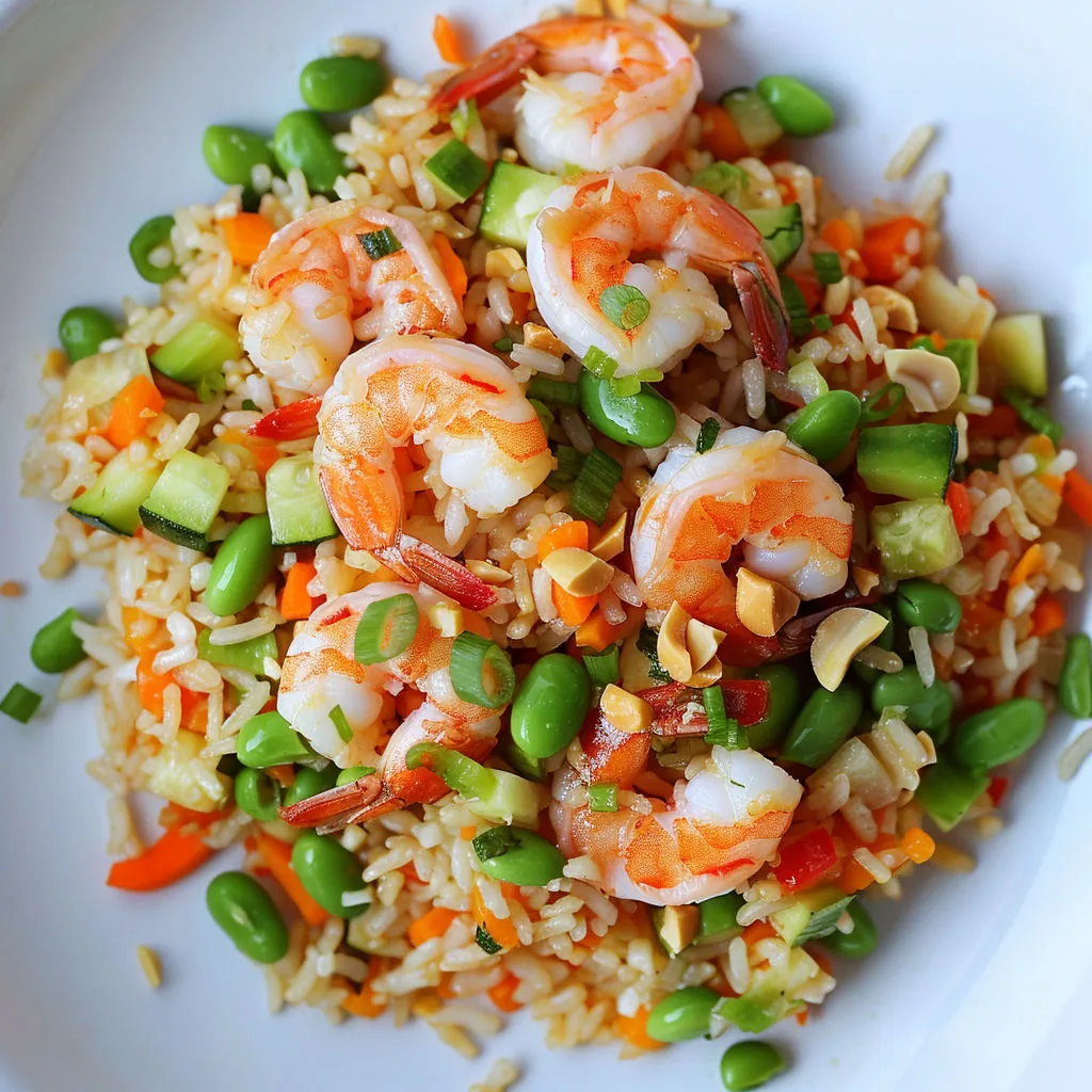 Riz sauté aux crevettes et edamame, garni de légumes verts, carottes et pois chiches.
