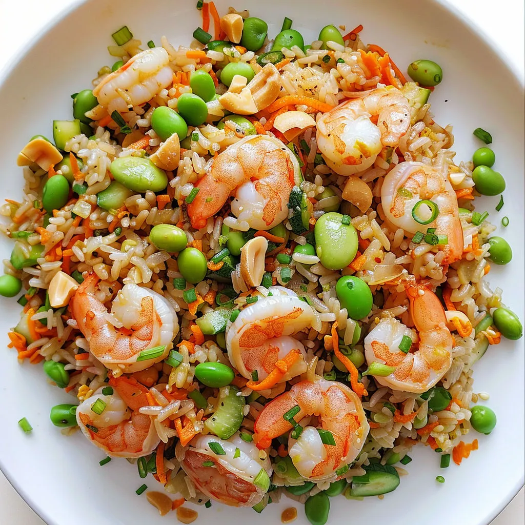 Assiette de riz basmati aux crevettes avec notes asiatiques.