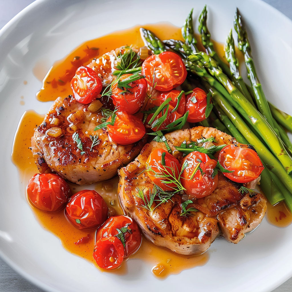 Plat de porc avec tomates cerises et asperges servi dans une sauce parfumée.