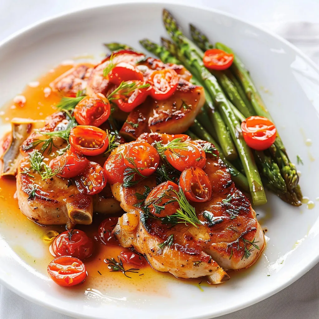 Plat de porc poêlé avec tomates confites, asperges et herbes fraîches.