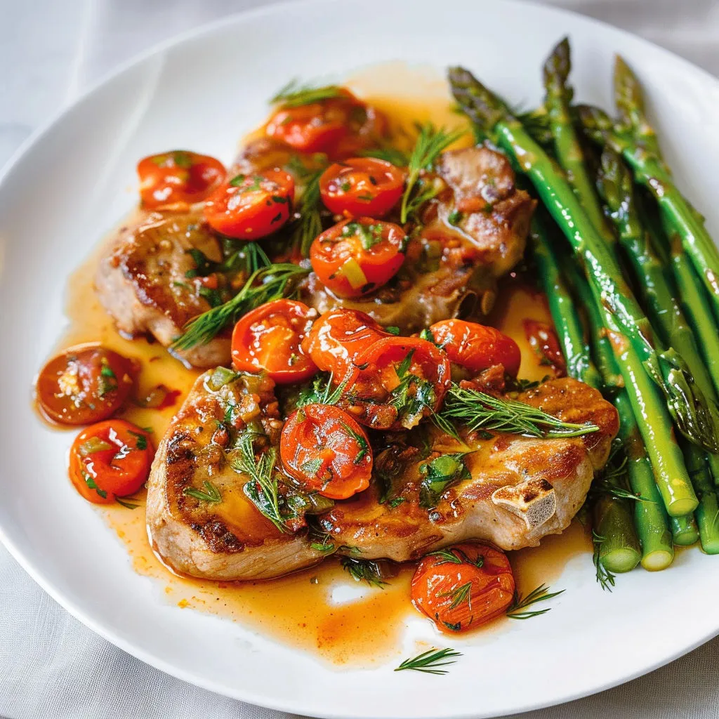 Assiette avec côtelettes de porc à la sauce tomate-aneth, asperges et tomates.