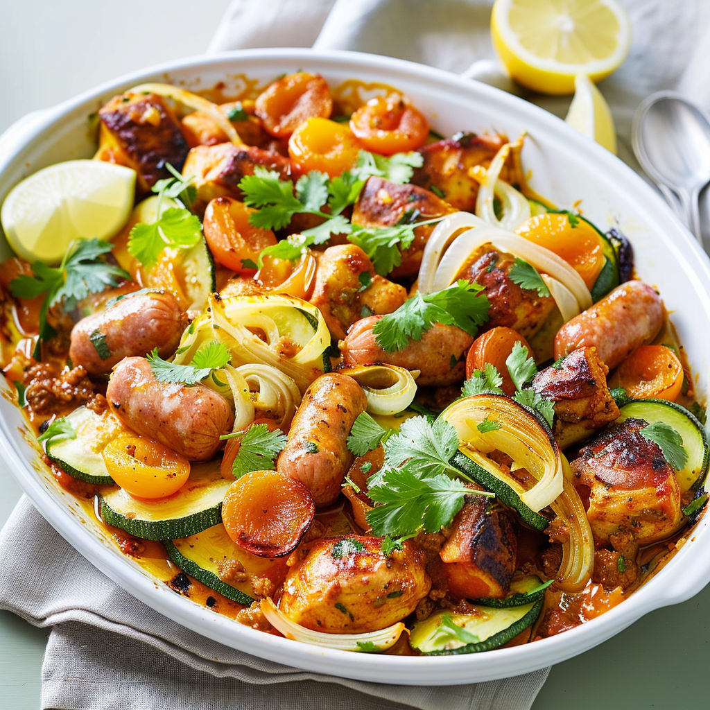 Poulet et merguez rôtis au four avec légumes et épices.