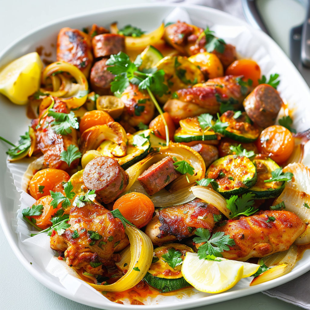 Viandes grillées avec légumes et herbes, un filet de citron sur le côté.
