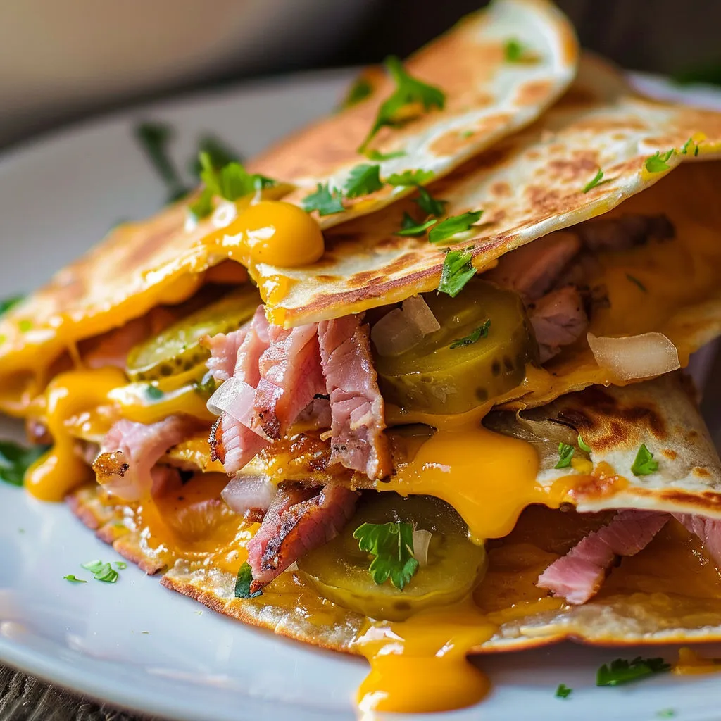 Une tortilla garnie de viande fumée fondante et de cheddar, servie avec des oignons et cornichons sur un plateau.