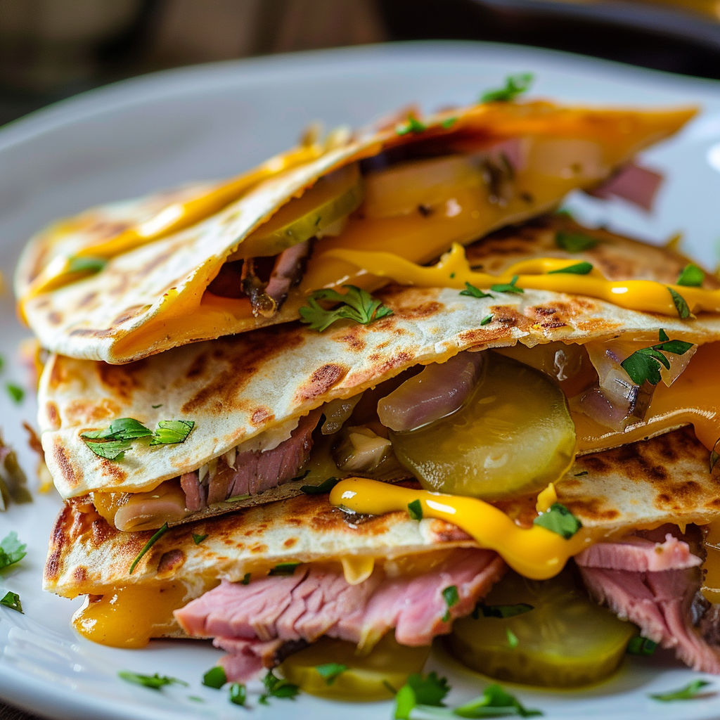 Un empilement de sandwiches au fromage et légumes, agrémentés de lanières de poivron et d'oignon.