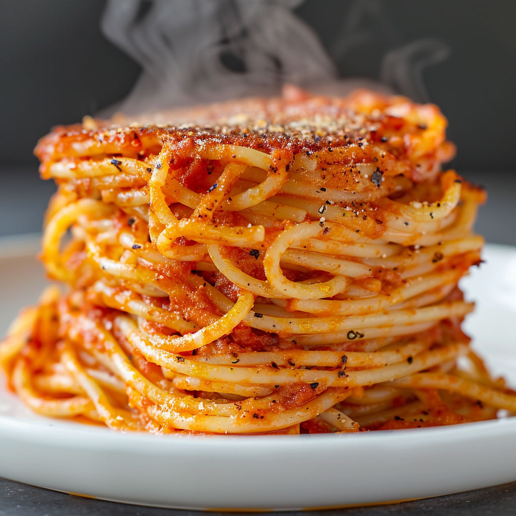 Des spaghettis dorés empilés avec une croûte croustillante.