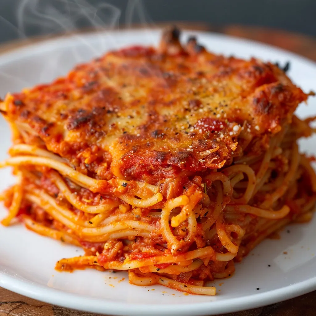 Un tas de spaghettis dorés et croustillants dans une poêle sur un plateau.