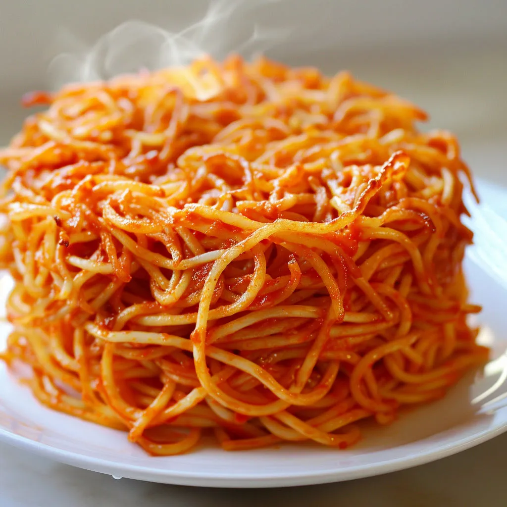 Une galette de spaghettis dorés sautés façon rösti, servie avec une sauce tomate et des herbes fraîches sur un plateau.