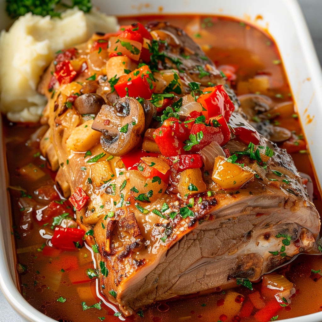 Porc fondant accompagné de champignons et tomates, servi avec des légumes verts et pommes de terre.