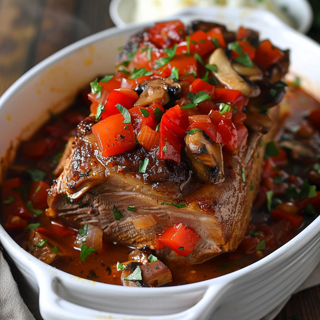 Un steak bien doré entouré de légumes et herbes dans une cocotte.
