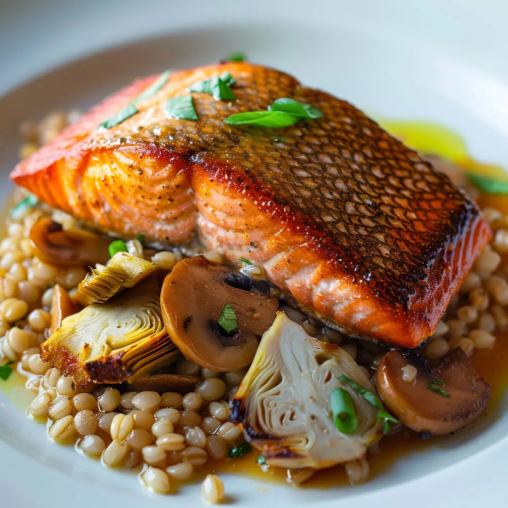 Plat coloré présentant du saumon croustillant accompagné d’orge et de légumes savoureux, servi dans une assiette élégante.