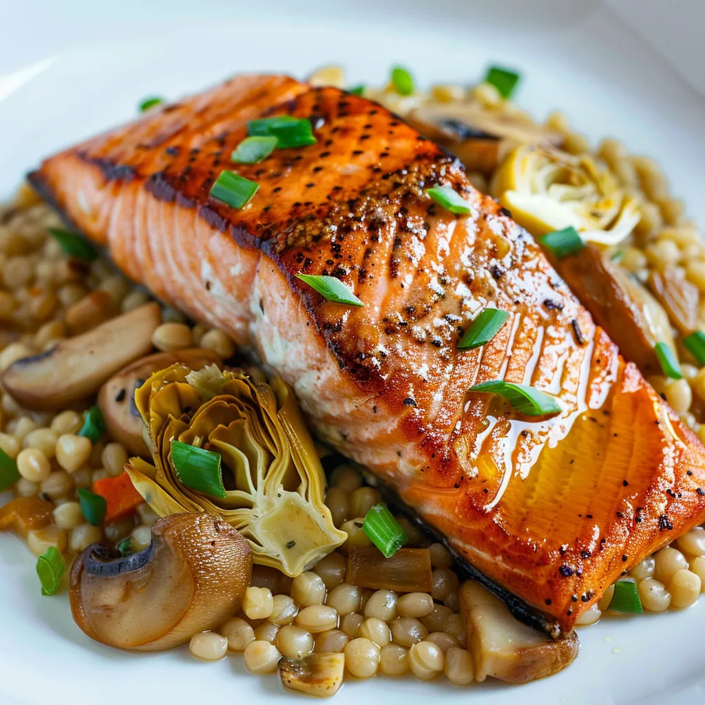 Pavé de poisson grillé servi sur des légumes verts et des herbes, présenté sur un plat.