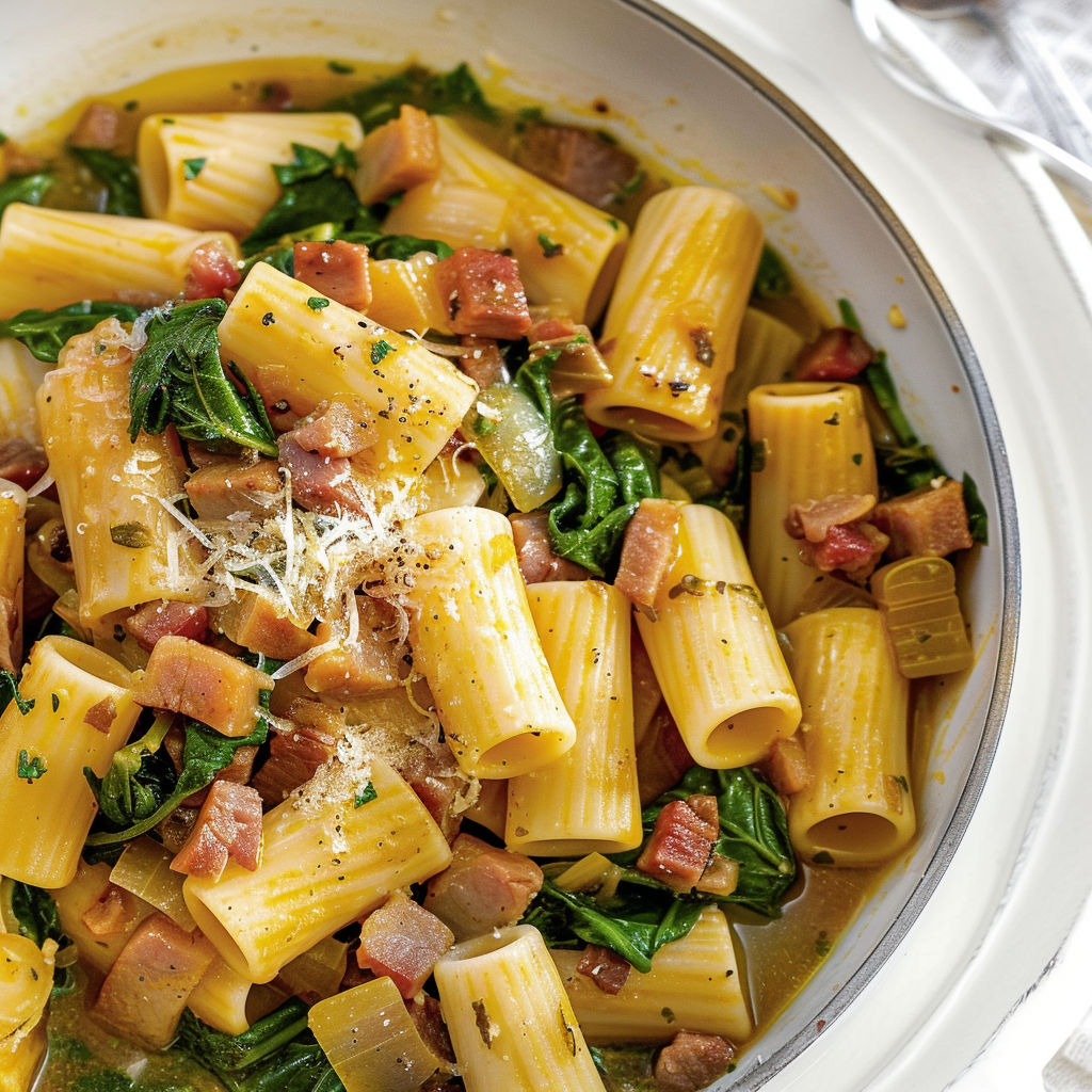 Pâtes au porc, épinards frais et citron - un plat gourmand et coloré avec des rigatonis.