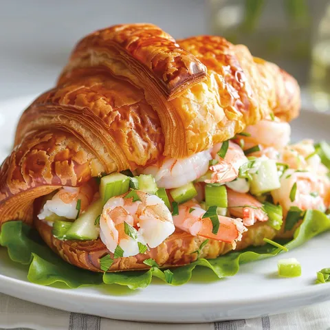 Un plateau avec croissant garni de crevettes nordiques.