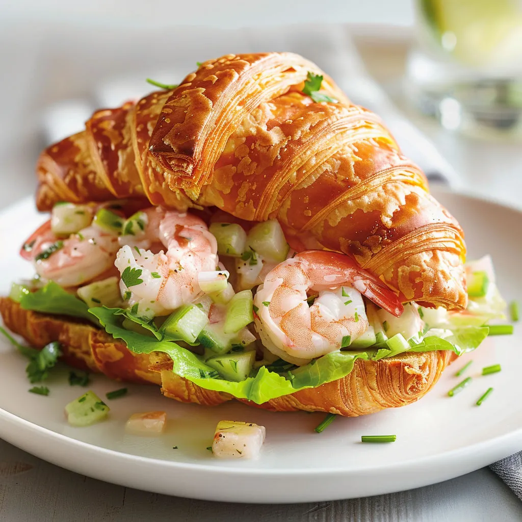 Croissant garni au saumon et légumes, servi avec un peu de salade verte.
