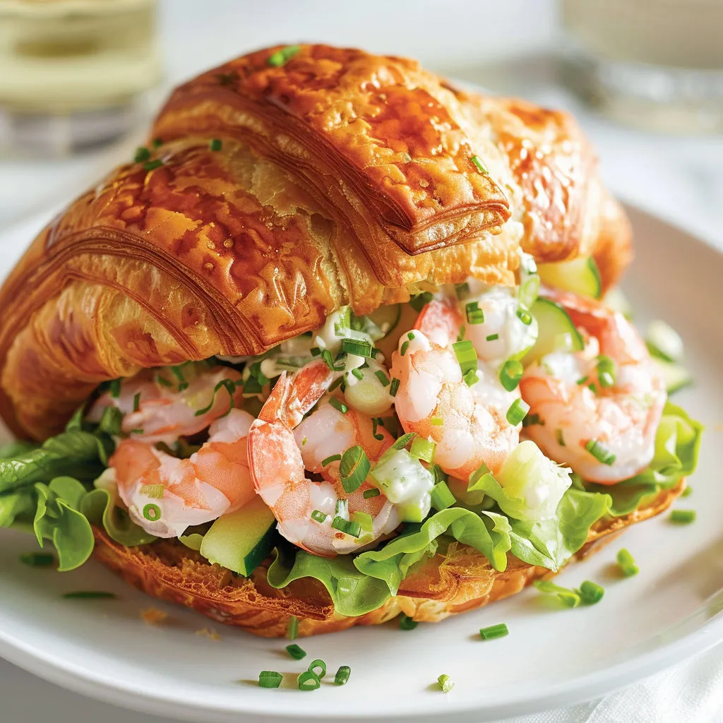 Sandwich croissant et légumes, avec concombres et herbes fraîches.