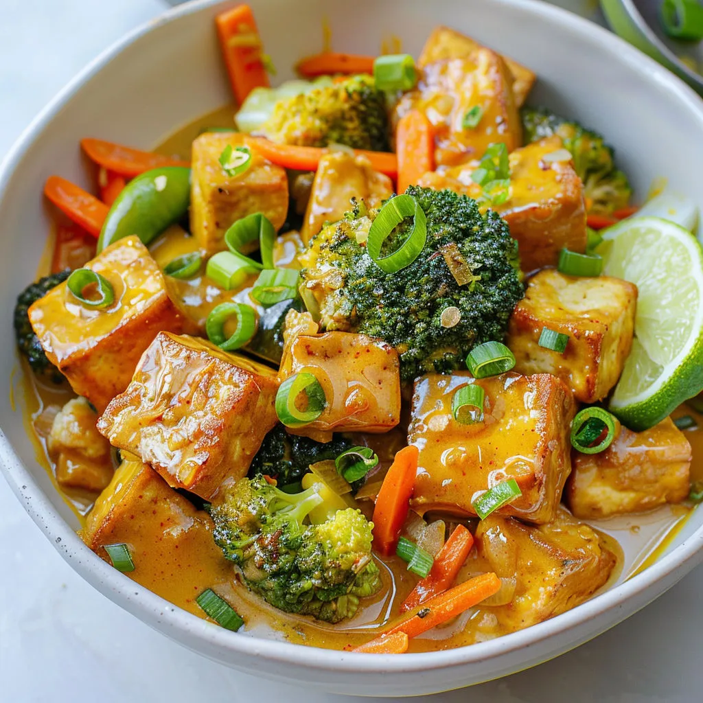 Tofu au curry avec légumes verts et carottes dans une assiette.
