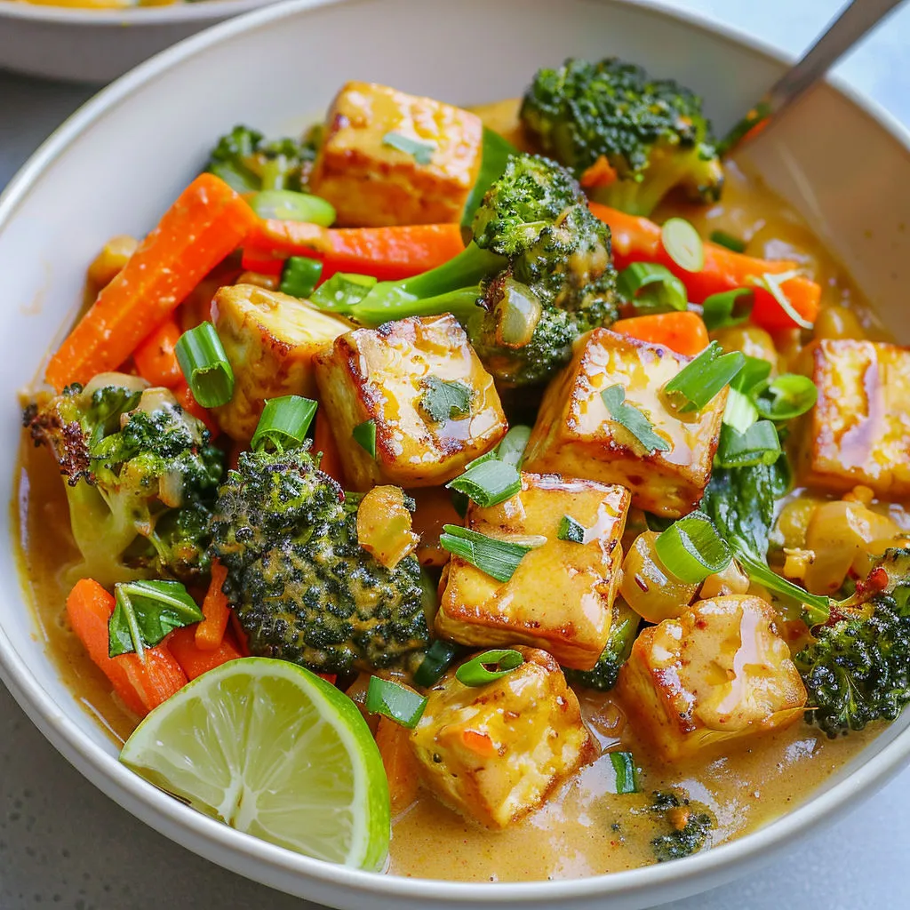 Un bol de tofu fondant aux légumes, carottes, brocolis et épinards, posé sur une table en bois.