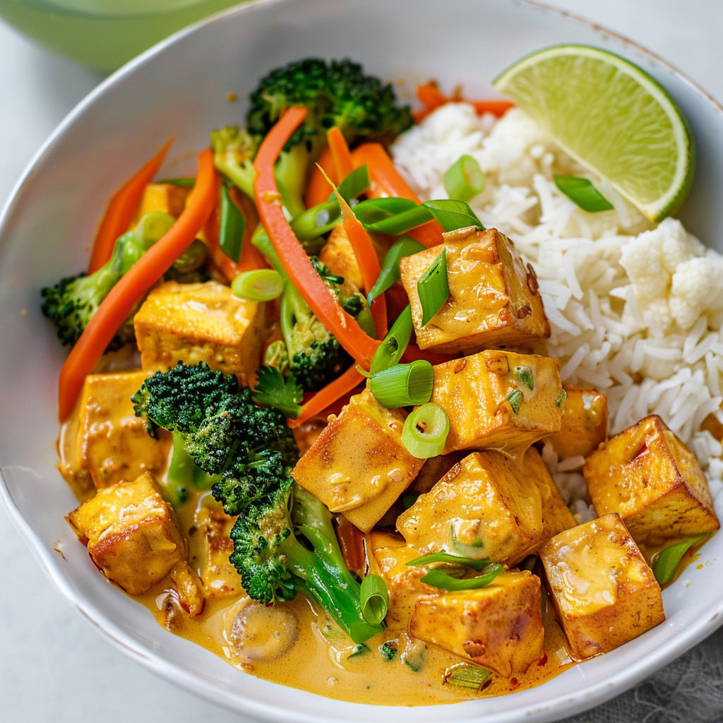 Une assiette de tofu sauté, des légumes exotiques et des épices, servie avec du riz, bien colorée.
