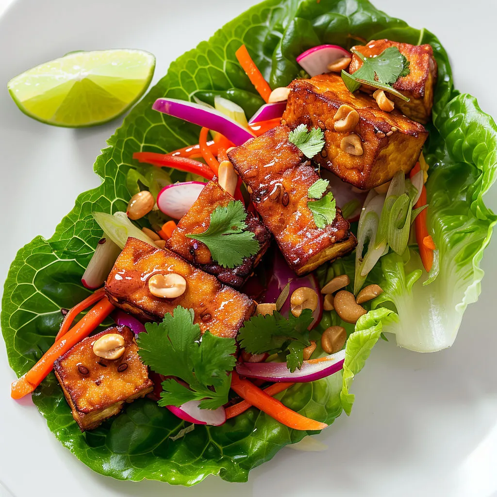 Plat de tofu mariné avec légumes frais et sauce hoisin.