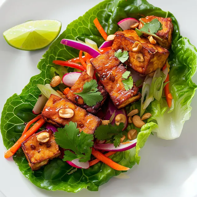 Plat de tofu mariné avec légumes frais et sauce hoisin.