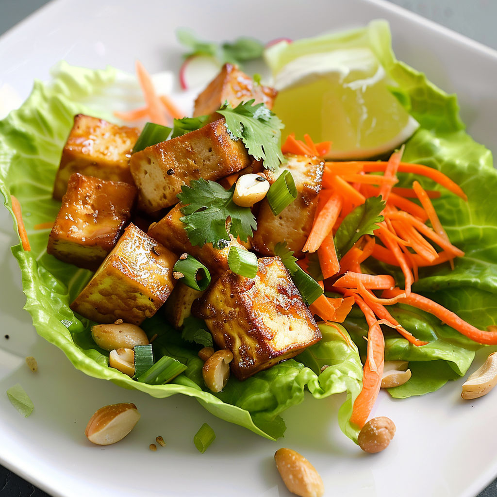 Un plat de légumes frais et tofu doré, carottes, noix, et quartiers de citron vert.