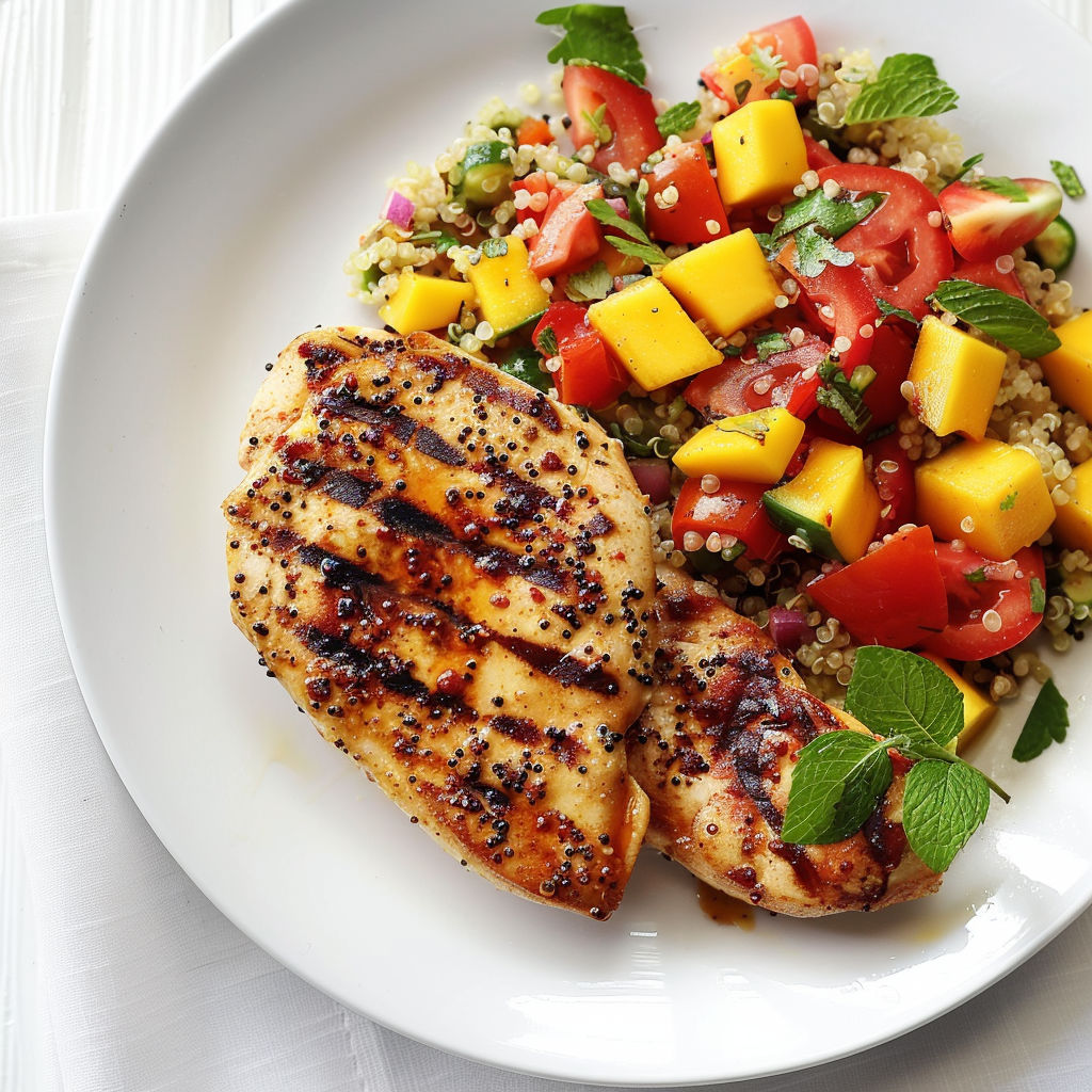 Une salade colorée avec mangue, quinoa, tomates et poulet grillé.