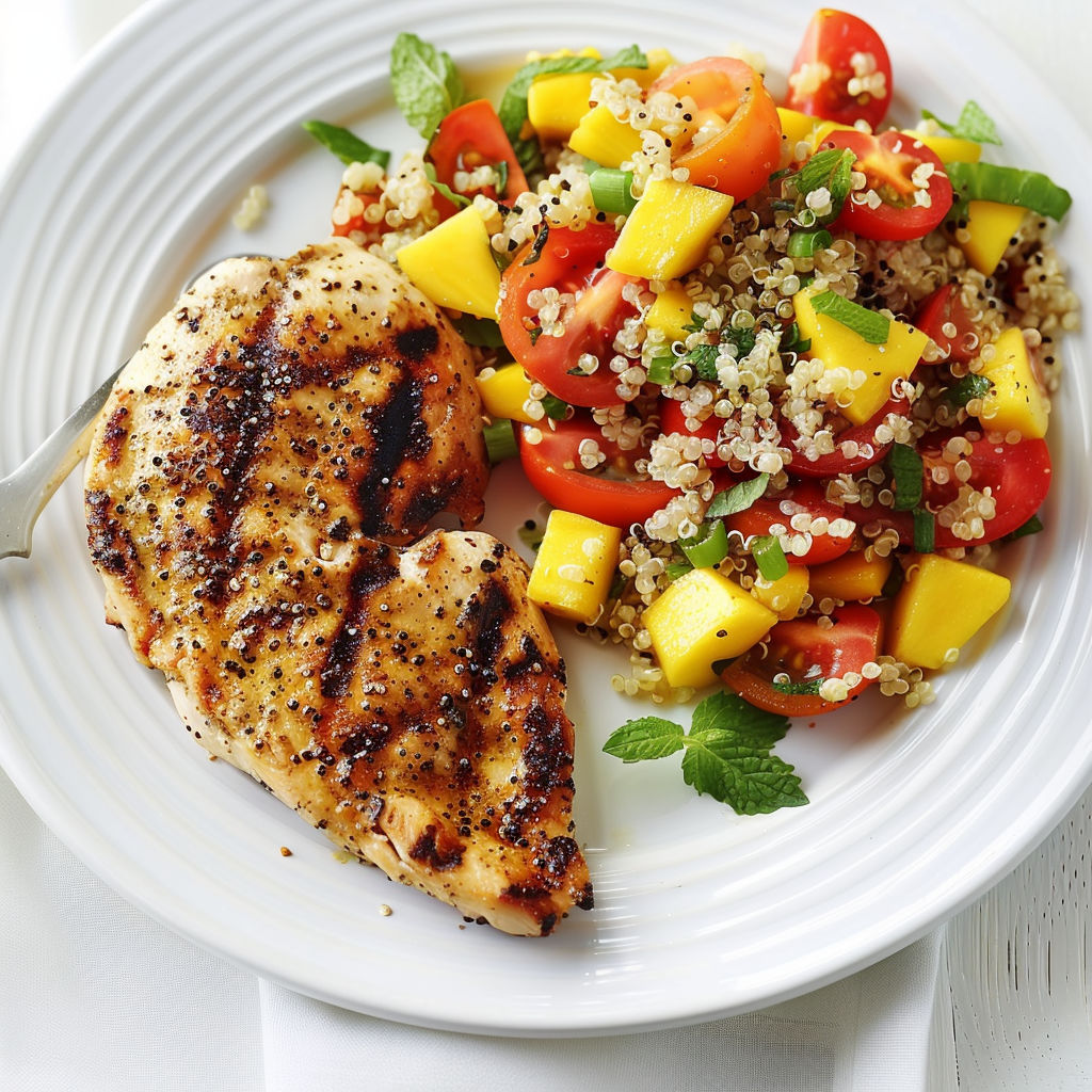 Une belle assiette d’été pleine de quinoa et de poulet grillé, tout coloré, posée sur un plateau.