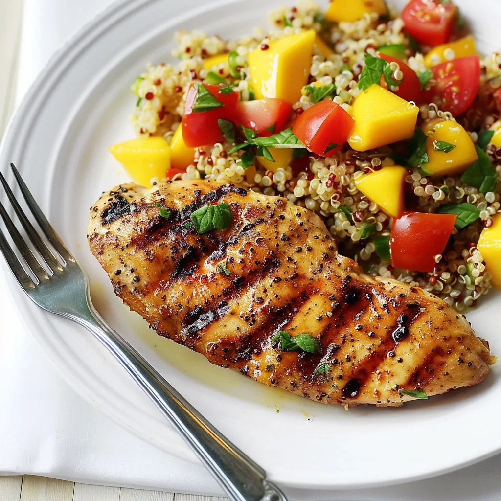 Poulet grillé servi avec salade mangue-tomate bien colorée.