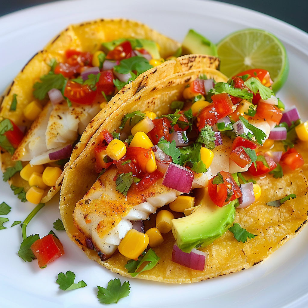 Filets de poisson grillés au four avec légumes colorés et avocat frais servis sur une plaque blanche.