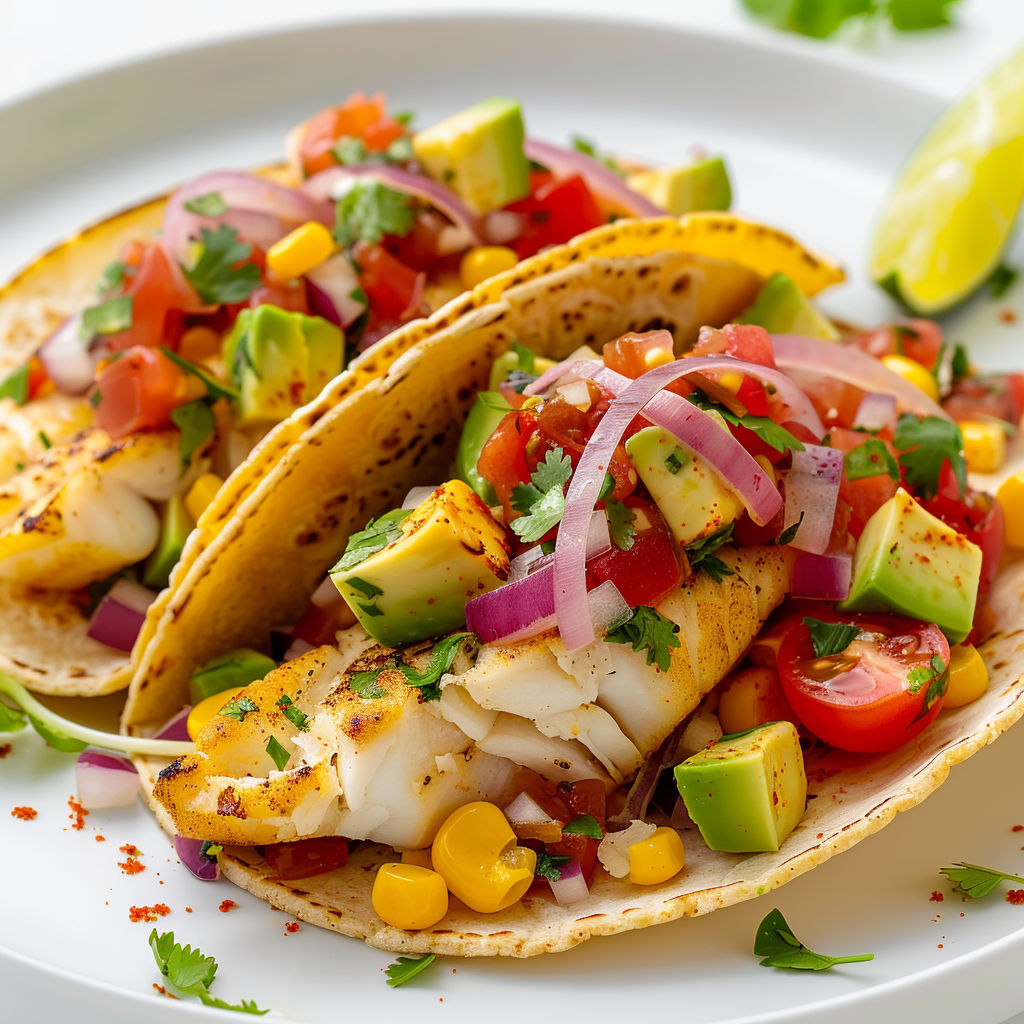 Tacos au poisson avec avocat et tomate.