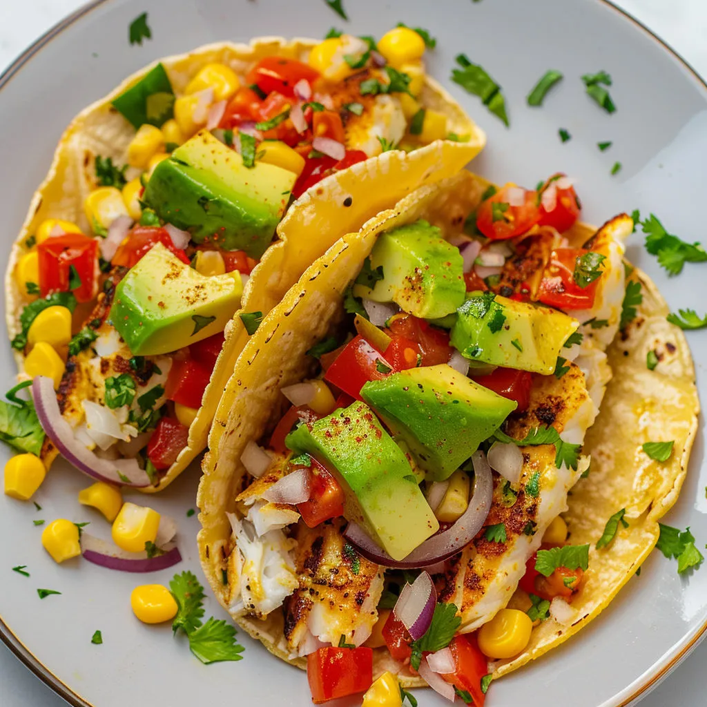 Un plat de tacos au poisson avec des légumes frais.