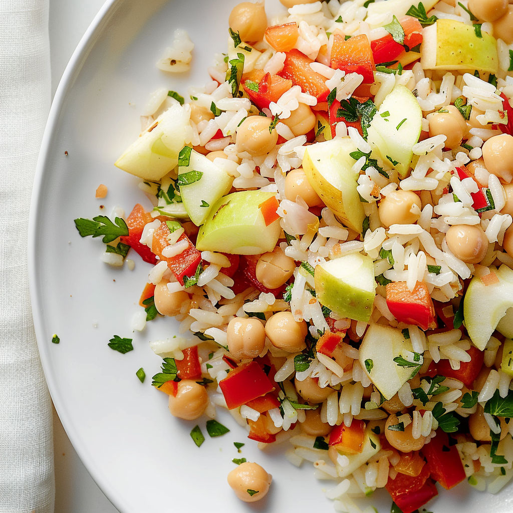 Bol de salade fraîche avec riz, pommes et poivron sur une table.