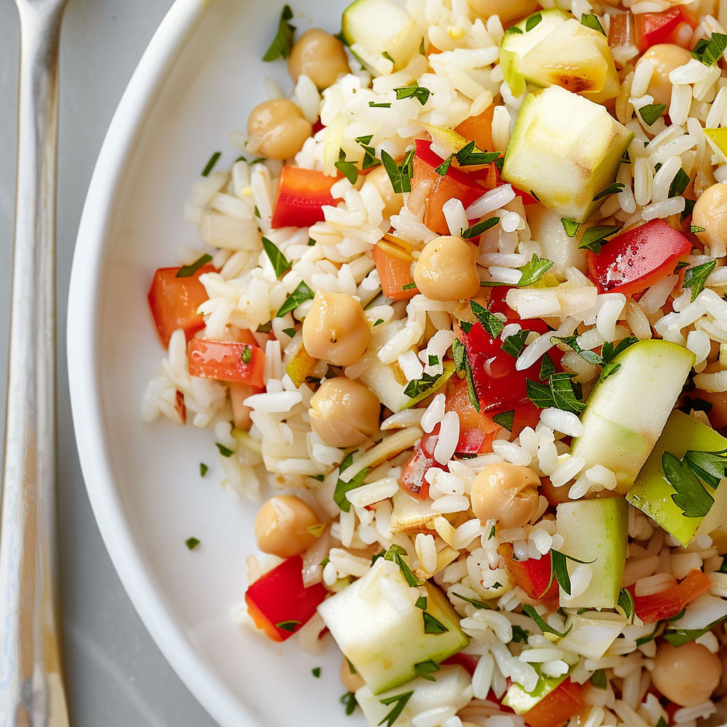Un joli bol blanc rempli de riz et de légumes colorés : tomates, poivrons, concombre et haricots verts.