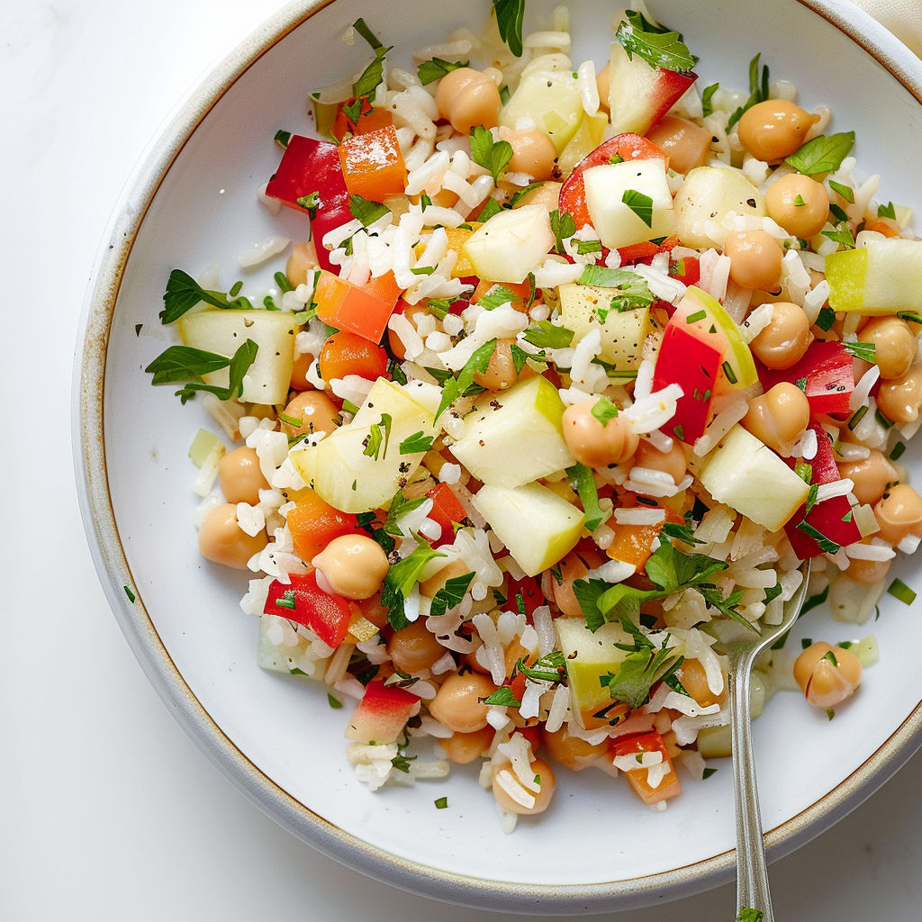 Bol blanc rempli de riz et de légumes colorés : tomates, poivrons et carottes.