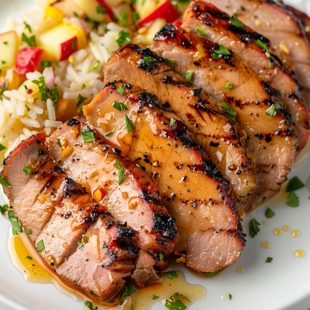 Délicieux porc mariné au jus de pomme, magnifiquement grillé.