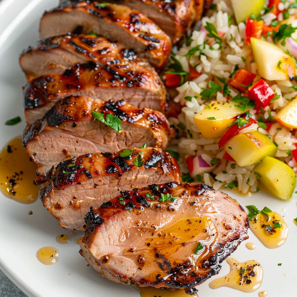 Porc mariné au jus de pomme sur assiette blanche.