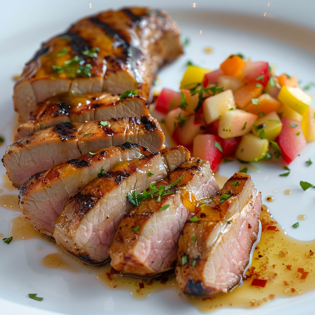 Porc grillé avec légumes et fruits, nappé de sauce moutarde.