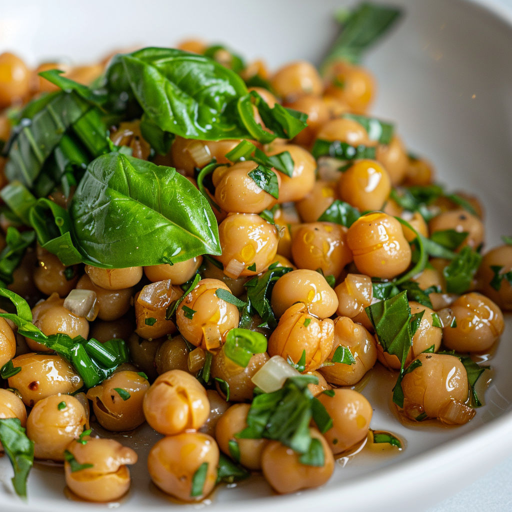 Un plat de pois chiches dorés, parfumé au basilic et agrémenté d'oignons verts.