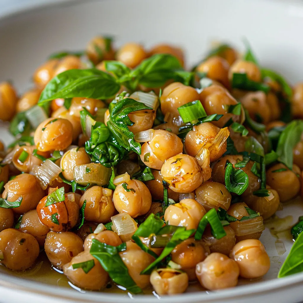 Pois chiches dorés avec herbes, servis dans un bol.