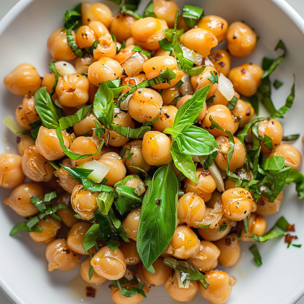 Pois chiches aux herbes fraîches et basilic dans un saladier.