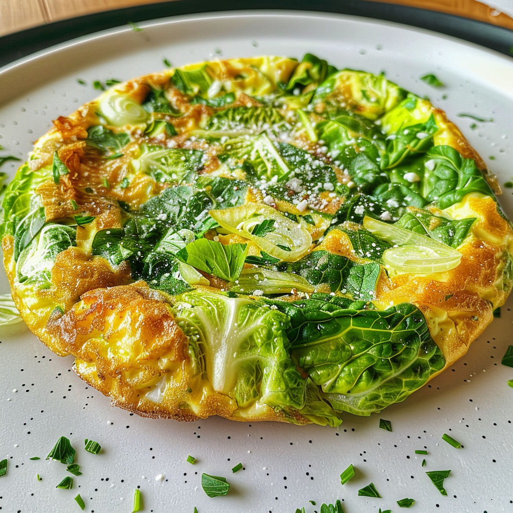Une frittata à la laitue servie sur un plateau.