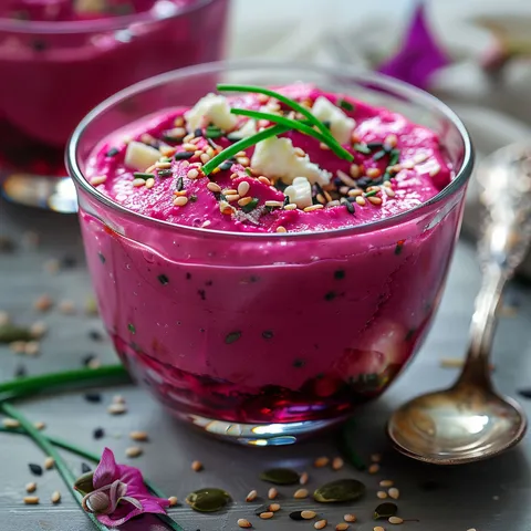 Une verrine garnie de mousse de betterave et feta, décorée de graines et herbes fraîches sur une table.