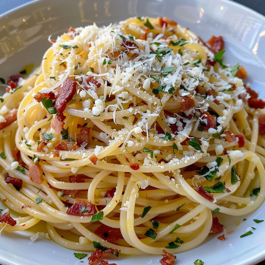 Un bol rempli de pâtes au piment, lard et fromage fondant, prêt à être dégusté.
