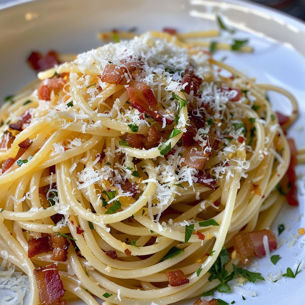 Une assiette de spaghetti, bacon et herbes fraîches.